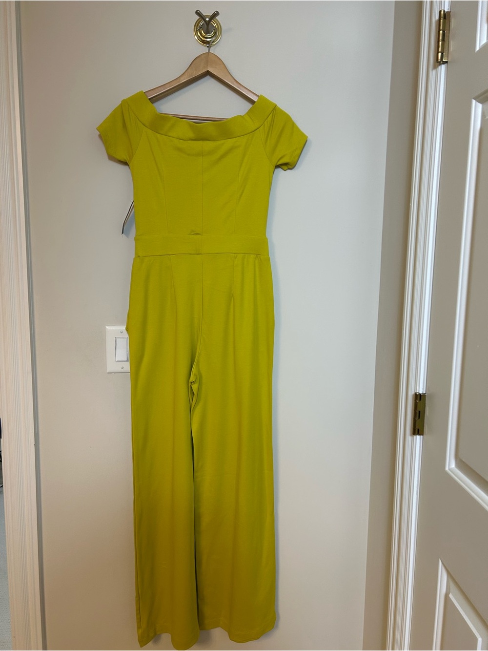 New York & Company Lime Green Off-Shoulder Jumpsuit